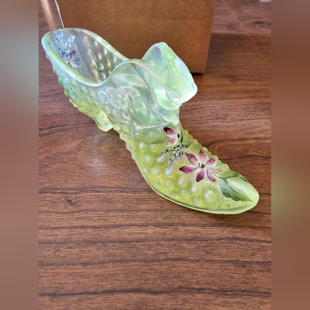 Vintage Fenton Hobnail Uranium Vaseline Glass Hand Painted Slipper